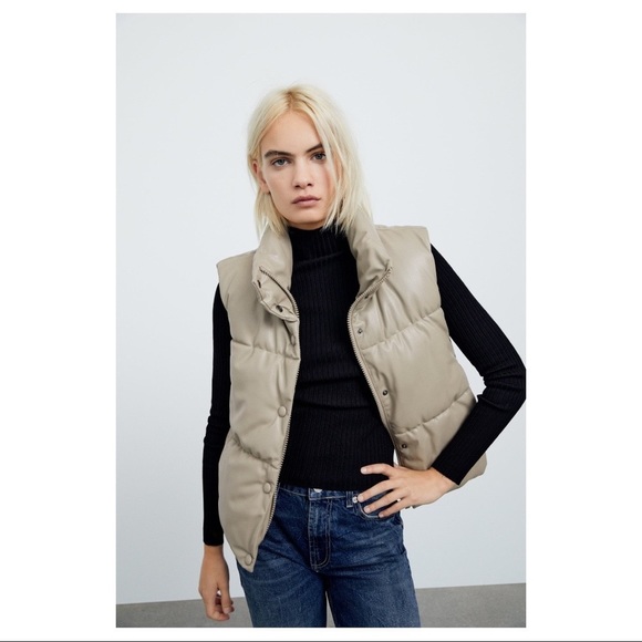 🏷️ SOLD • ZARA • Faux Leather Puffer Vest in Gray Marl • Medium - Picture 12 of 13